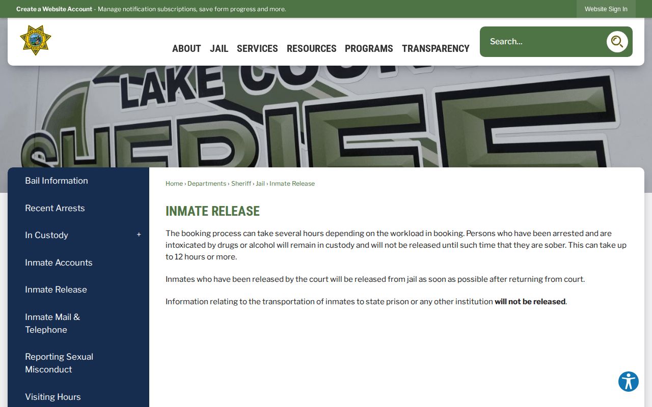 Lake County Inmate Release page explaining release processing