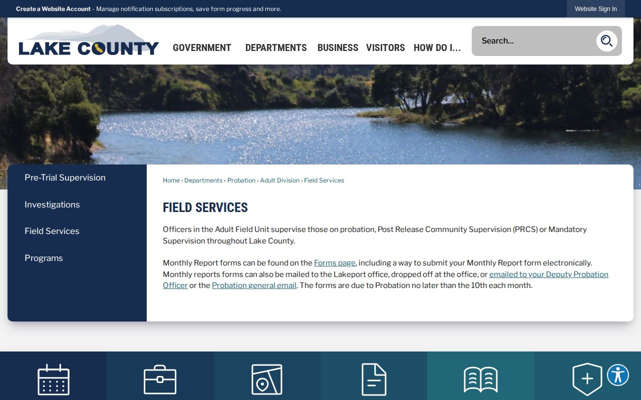 Lake County Probation Field Services page showing Adult Field supervision categories