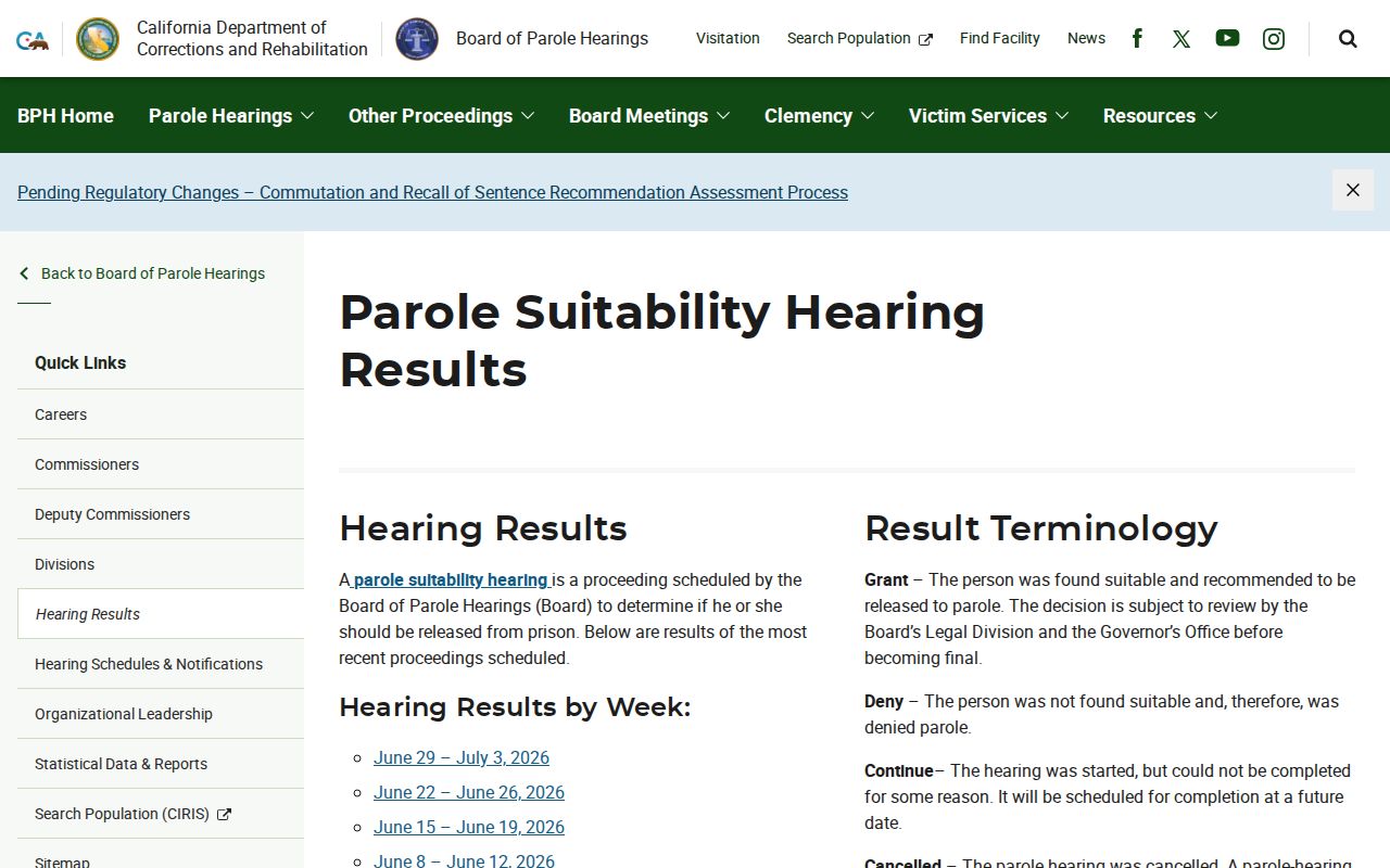 CDCR Board of Parole Hearings results page for recent parole-suitability proceedings