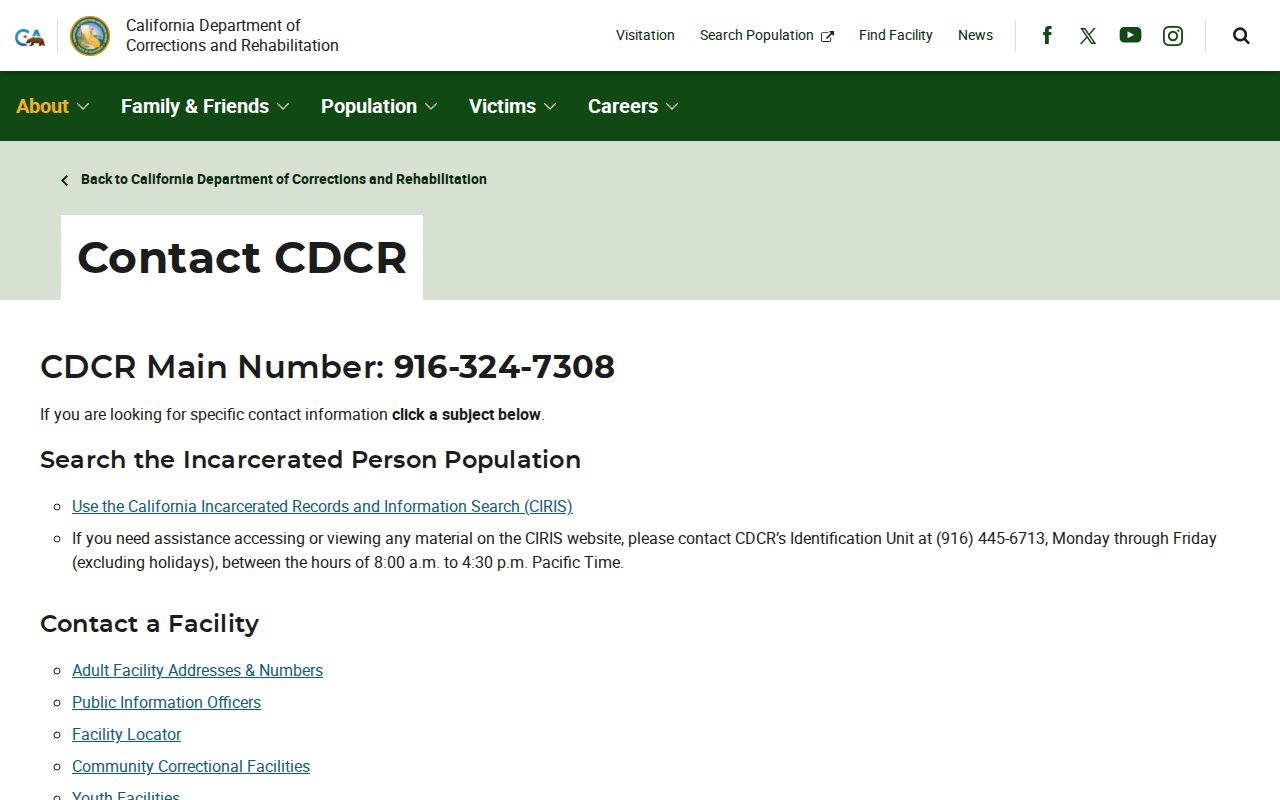 CDCR contact page with Identification Unit assistance information