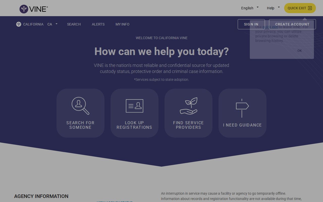 California VINE search screen for a VINELink inmate check